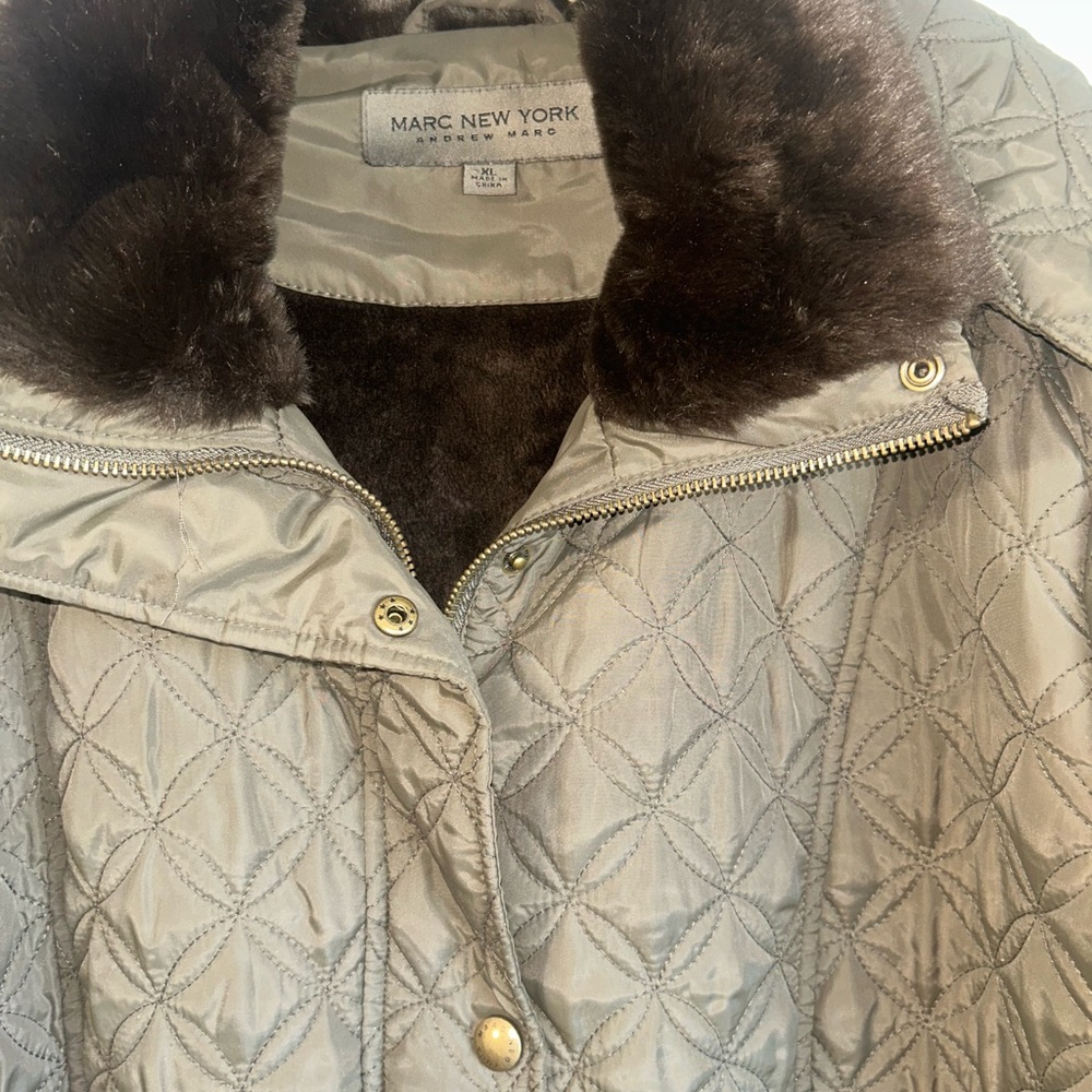 Marc New York Quilted Hooded Puffer Jacket in olive with Faux Fur Cuffs